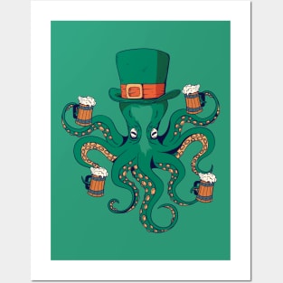 Leprechaun Octopus with Several Beers Posters and Art